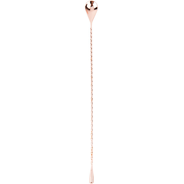 A long metal Barfly copper plated bar spoon with a weighted end.