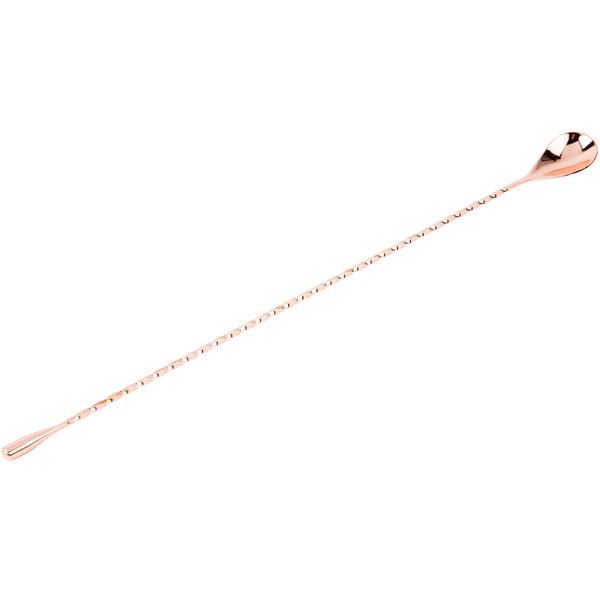 A Barfly copper plated classic bar spoon with a weighted end and a long handle with red and white lines.