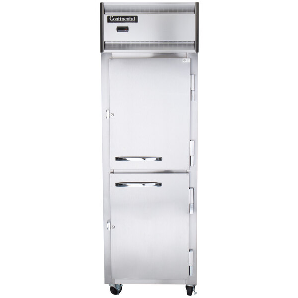 A silver stainless steel Continental Reach-In Refrigerator with two half doors.