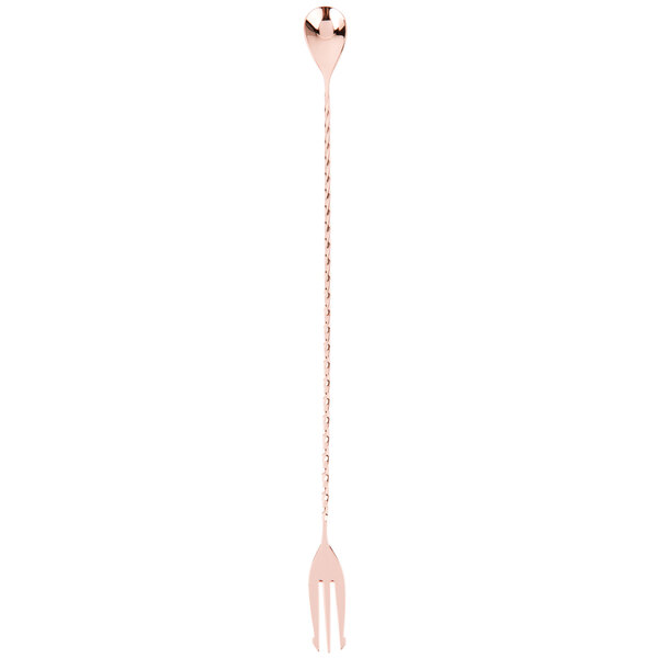 A Barfly copper plated bar spoon with a fork end.