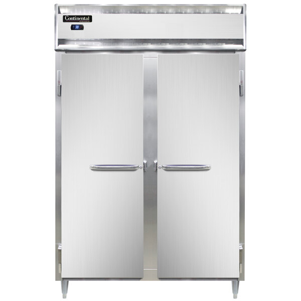 A white Continental shallow depth reach-in refrigerator with two stainless steel doors and silver handles.