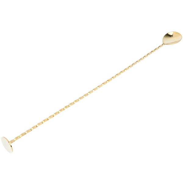 A Barfly gold plated bar spoon with a long handle.