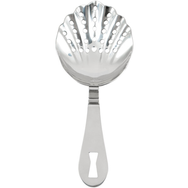 A silver Barfly stainless steel spoon with scalloped holes and a handle.