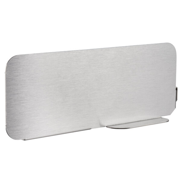 An Eagle Group silver metal shelf divider with a metal stand.