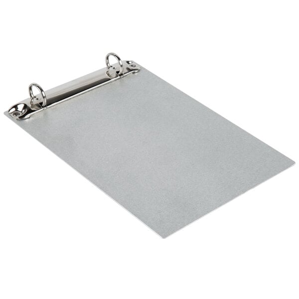 A silver Menu Solutions Alumitique clipboard with rings.