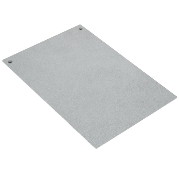 A rectangular metal plate with a brushed finish and two holes.