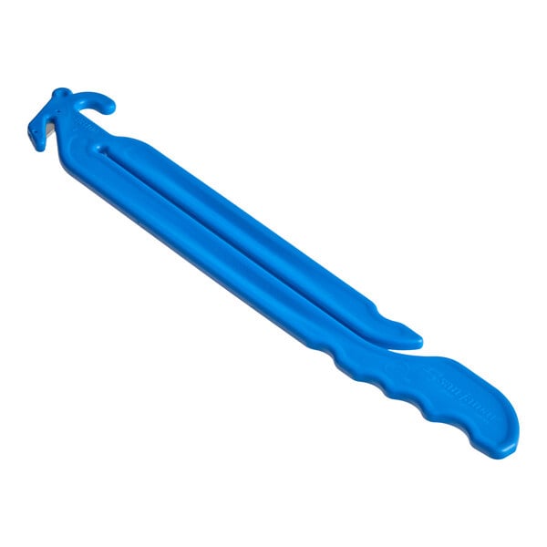 A blue plastic bag cutter and squeezer with a storage hook.