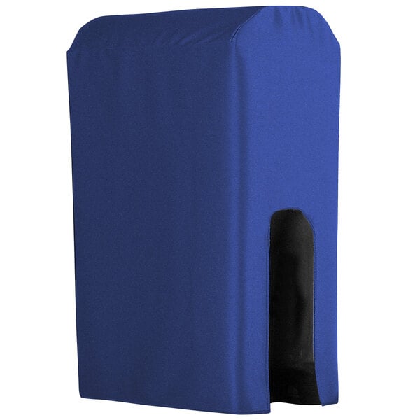 A black and blue rectangular Snap Drape Wyndham Royal Blue polyester cover for a beverage dispenser on a white background.