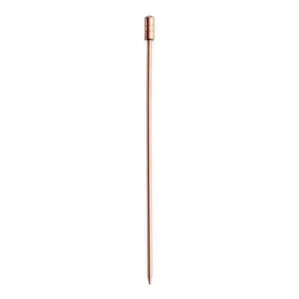 A copper plated cocktail pick with a grooved top.