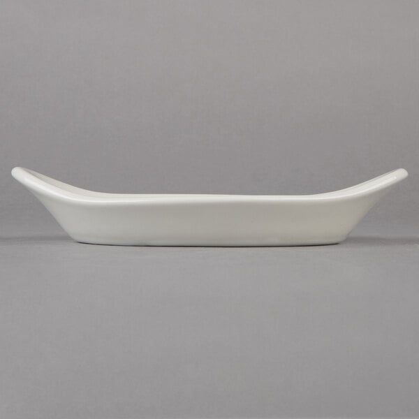 A white rectangular Hall China rarebit dish.