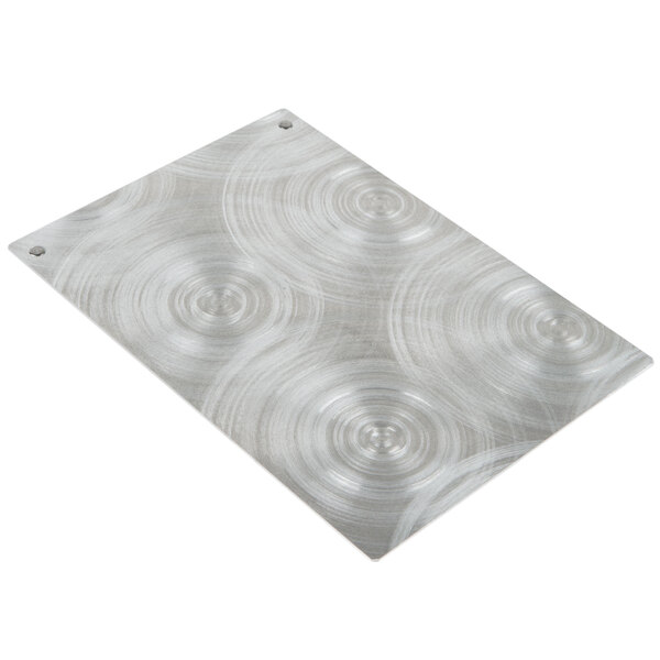 A silver aluminum Menu Solutions Alumitique menu board with circles on it.