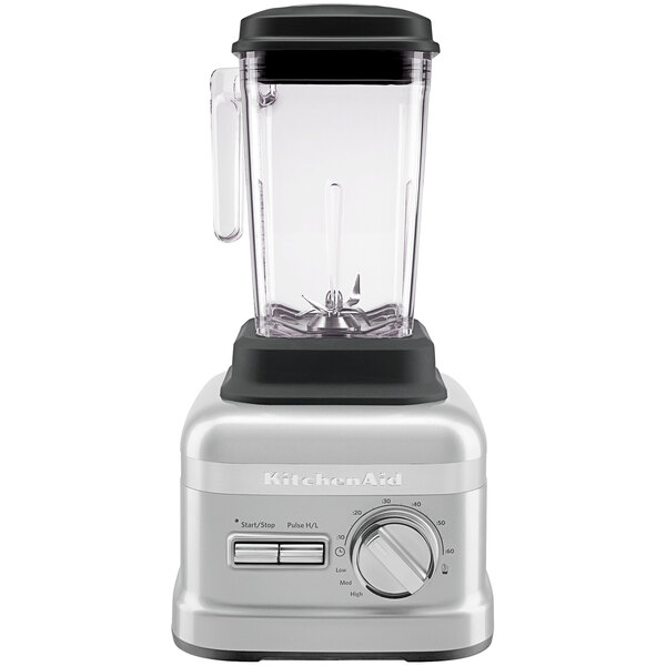 A KitchenAid Contour Silver blender with a glass container.