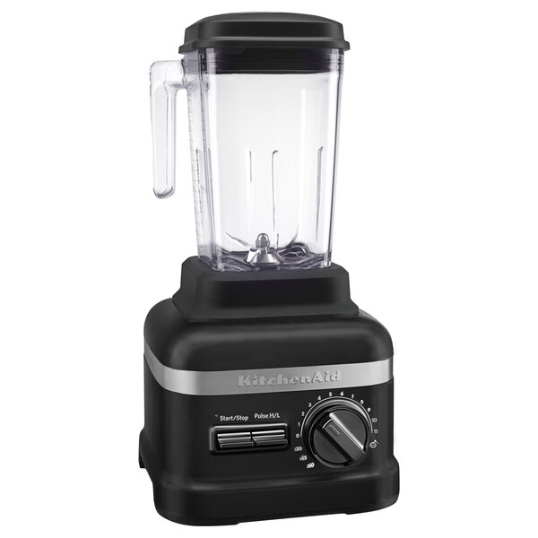A matte black KitchenAid commercial blender with a clear glass container.