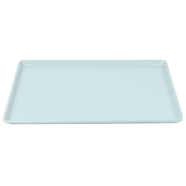 A sky blue rectangular tray with a white border.