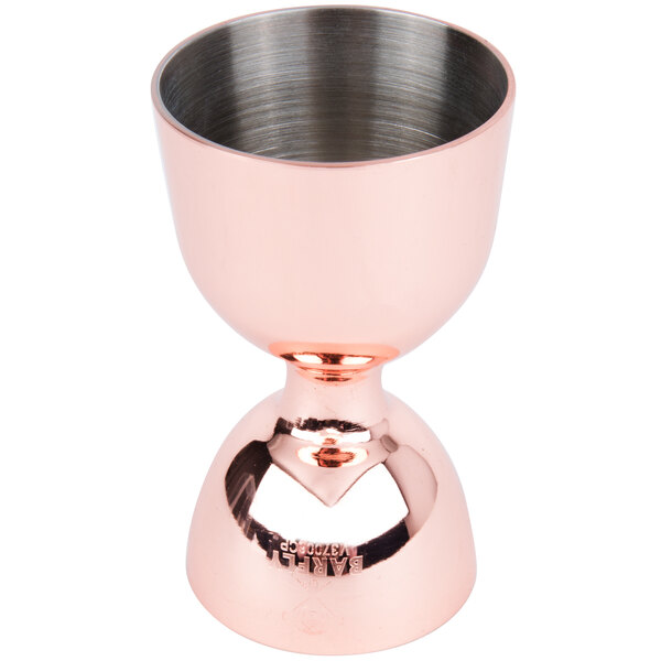 A close-up of a copper-plated Barfly Bell Jigger with straight rims.