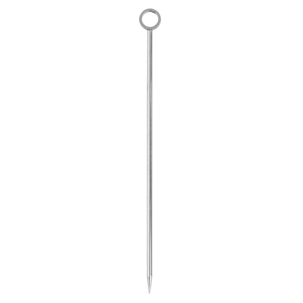 A long silver metal Barfly cocktail pick with a circle on top.