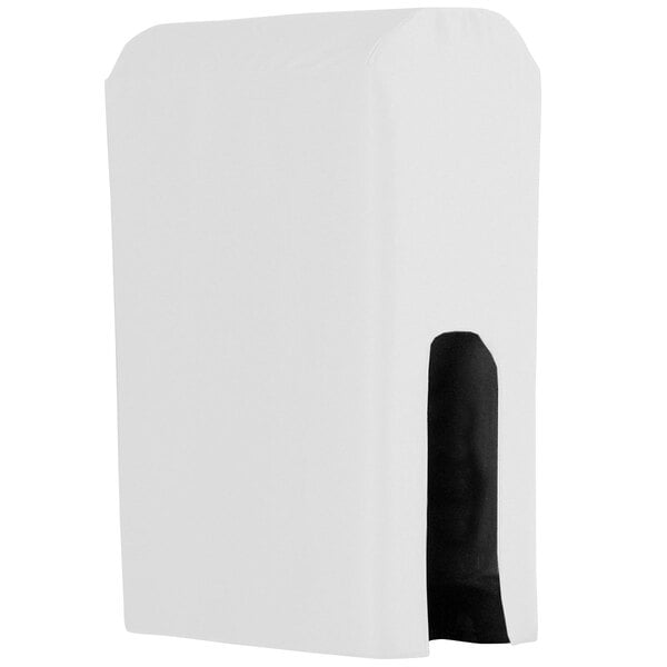 A white Snap Drape beverage dispenser cover with a hole.