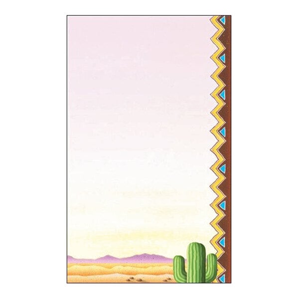 A sheet of paper with a southwestern desert scene at the bottom, featuring a cactus and mountains, and a colorful zigzag border along the right edge.