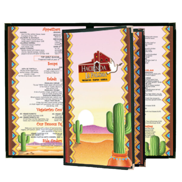 Menu paper with a Southwest themed cactus design on a counter.