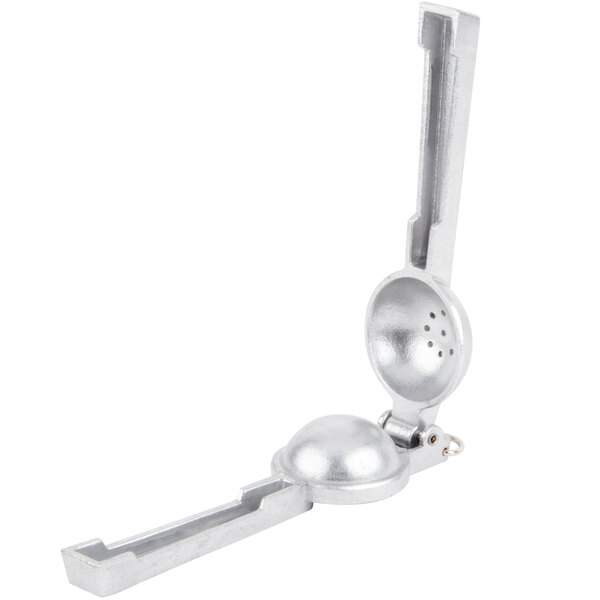 A silver Barfly cast aluminum citrus juicer with a handle.