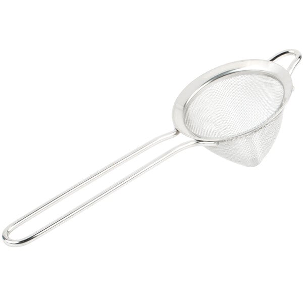 A Barfly stainless steel conical fine mesh strainer with a handle.