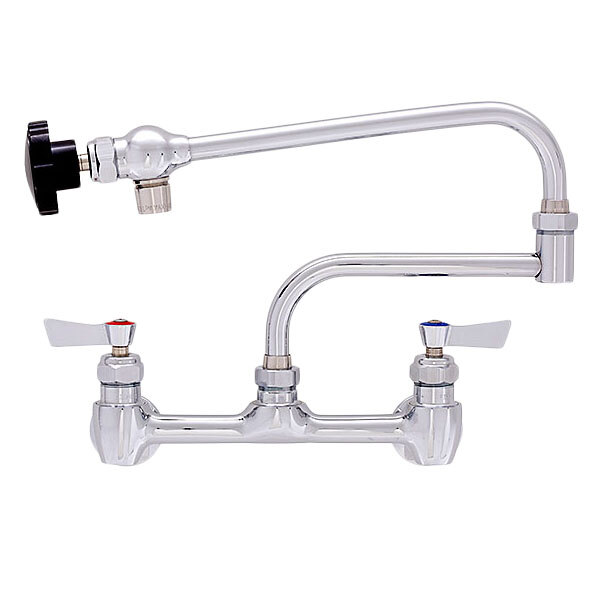 A Fisher stainless steel pot filler faucet with double-jointed control spout and lever handles.