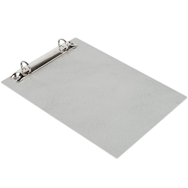 A silver clipboard with two rings.