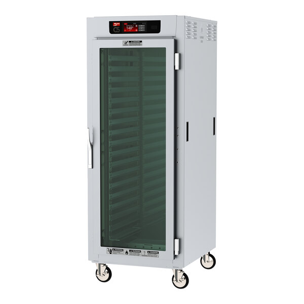 A white Metro C5 heated holding cabinet with a clear glass door.