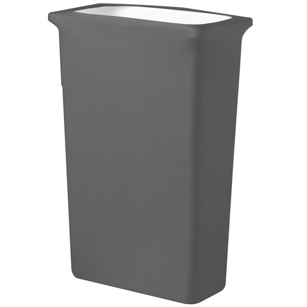 A grey rectangular trash can with a white Snap Drape lid.
