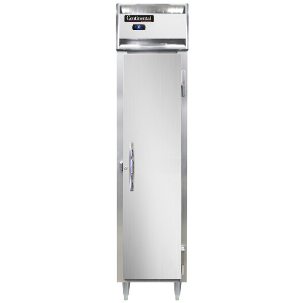 A silver Continental reach-in refrigerator with a white door and a digital display.