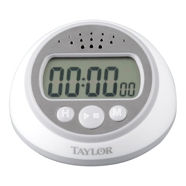 A white digital kitchen timer with a large display and control buttons, labeled with the brand Taylor.
