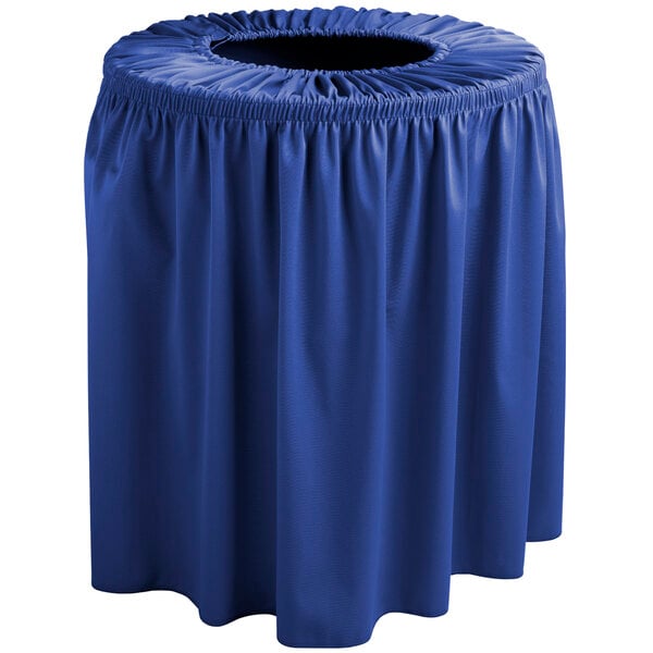 A royal blue shirred pleat table cloth covering a round trash can.