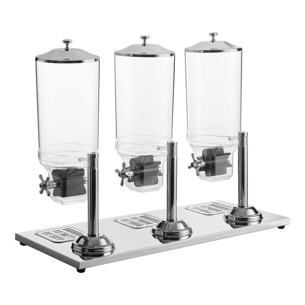 A triple canister cereal dispenser with a stainless steel base and clear containers.