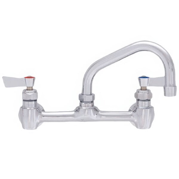 A Fisher stainless steel wall mount faucet with two lever handles.