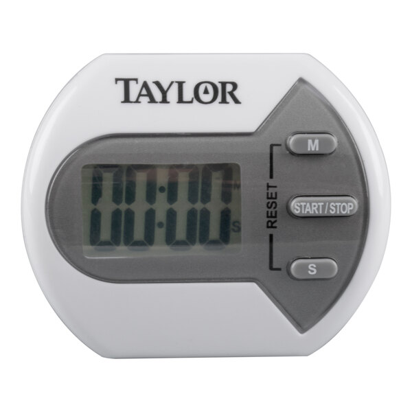 A digital kitchen timer with a display and control buttons labeled 'M', 'S', and 'Start/Stop', branded with the name Taylor.