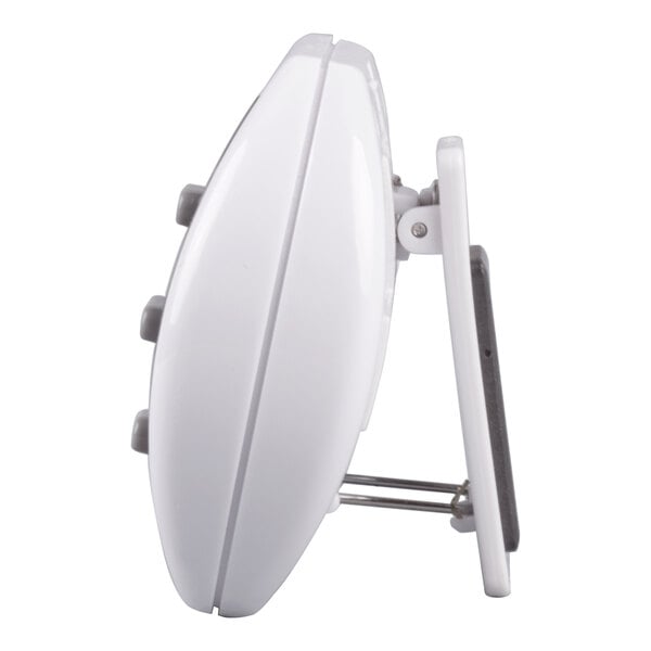 A white digital kitchen timer with a fold-out stand, viewed from the side.