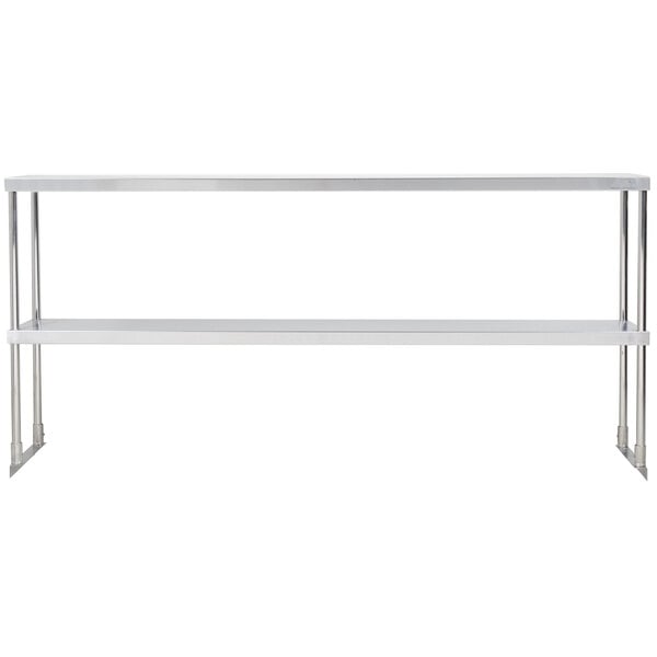 A white rectangular Avantco stainless steel double deck overshelf with metal legs.