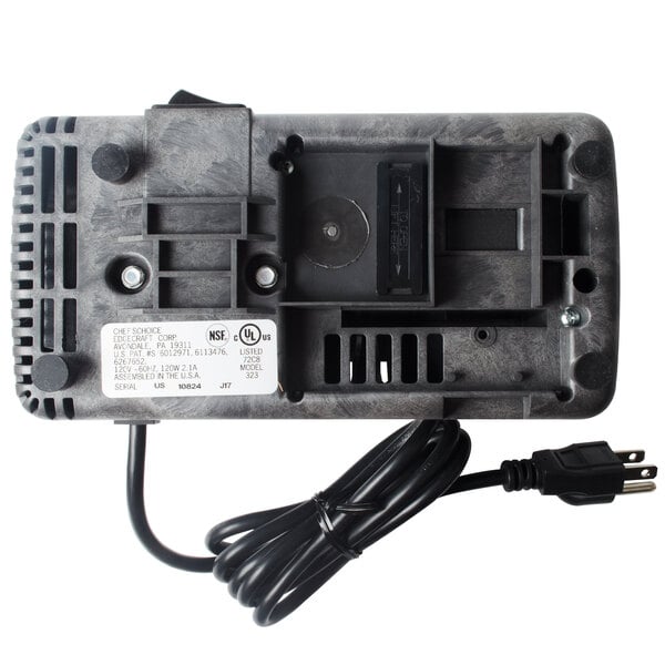 A black Edgecraft Chef's Choice electric knife sharpener with a cord.
