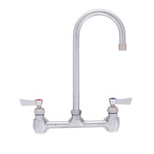 A silver Fisher wall mount faucet with lever handles and a swivel gooseneck nozzle.