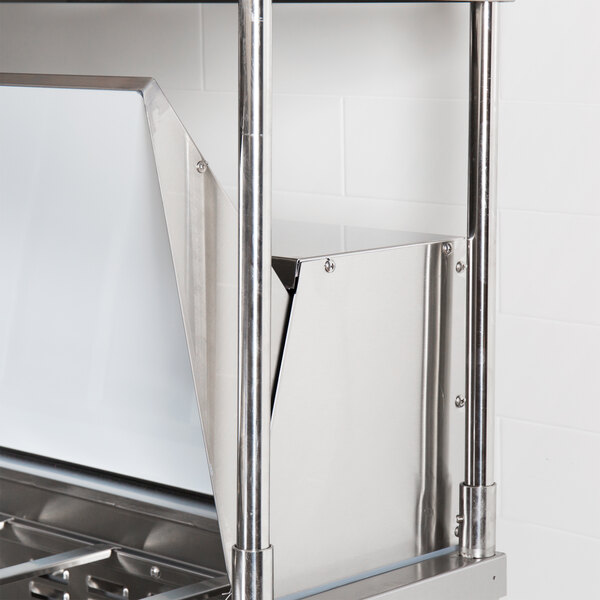 An Avantco stainless steel double deck overshelf over a counter.