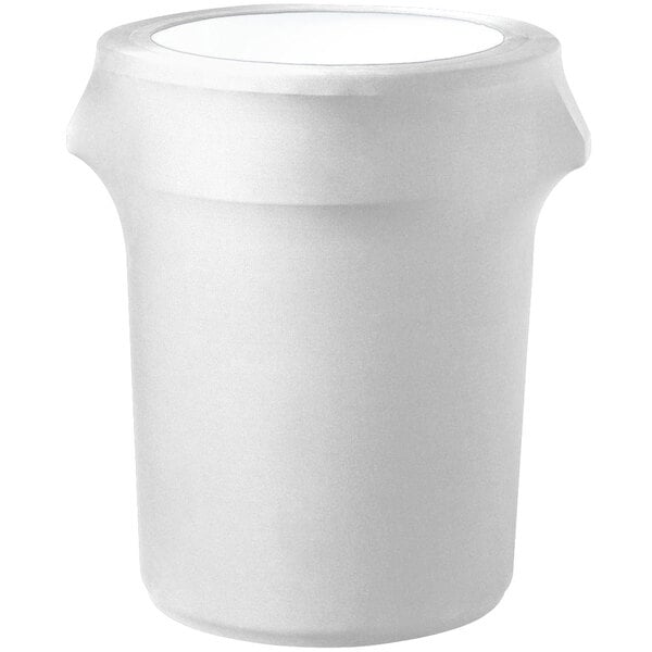 A white Snap Drape spandex cover on a round trash can.