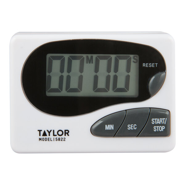 A digital kitchen timer with a large display and buttons for minutes, seconds, start/stop, and reset.