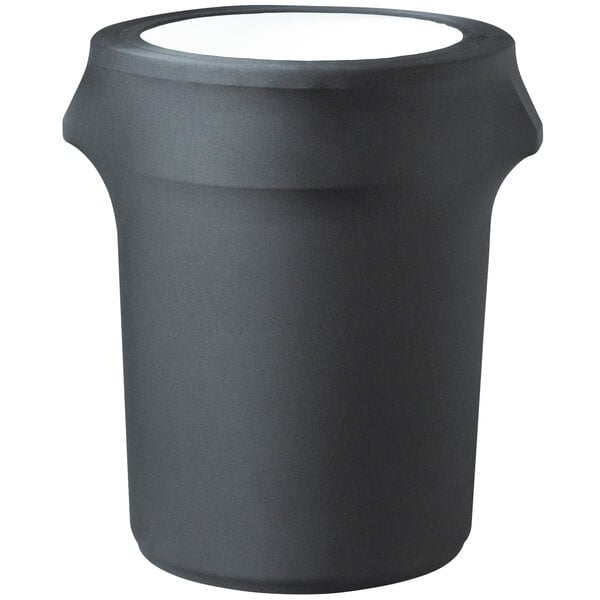 A black container with a white spandex cover on it.