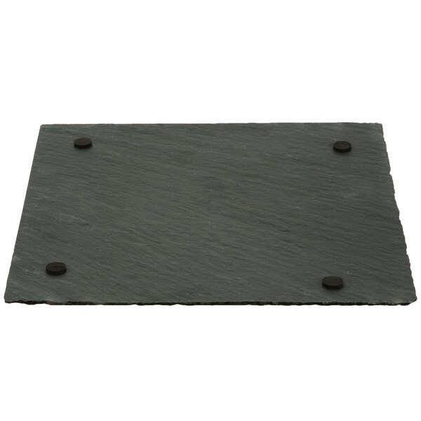 An Acopa black slate tray with two holes in it.