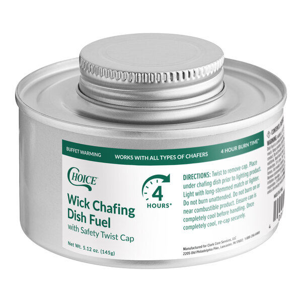 A can of Choice 4 Hour Wick Chafing Dish Fuel with a safety twist cap.