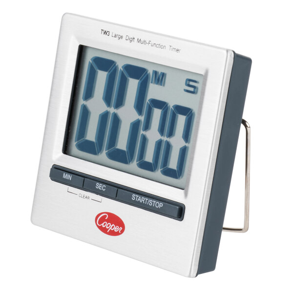 A Cooper-Atkins digital kitchen timer with an extra large blue display in a silver case.