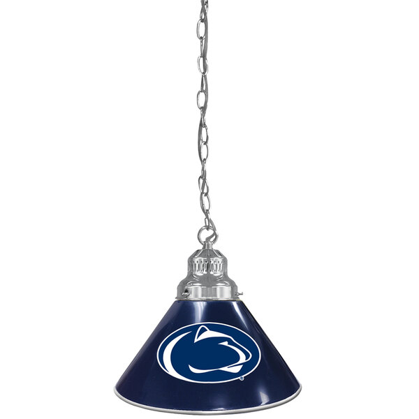 A blue and white lamp shade with the Penn State University logo hanging from a chain.