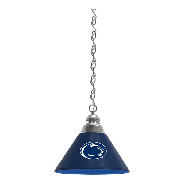 A blue and silver Holland Bar Stool Penn State pendant light with a blue and white logo.