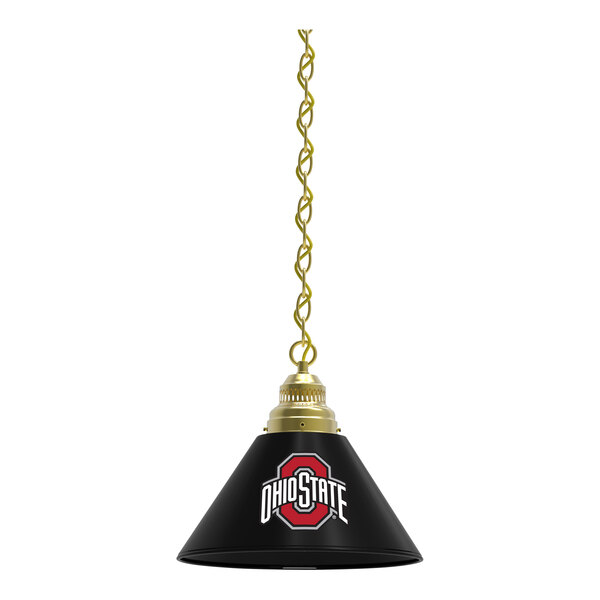 A black Holland Bar Stool pendant light with a red and white Ohio State University logo.