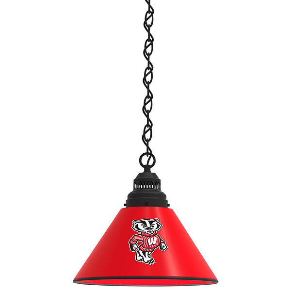 A black hanging light fixture with a University of Wisconsin logo on it.